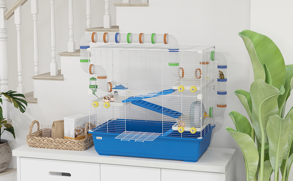 Клітка для хом'яків PawHut 4-ярусна, для дрібних тварин, з аксесуарами (лабіринт, годівниця), блакитна, 78 x 45 x 73 см