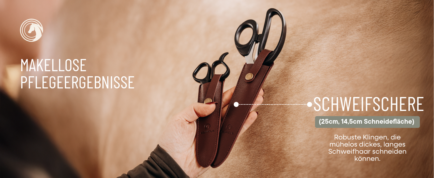 Ножиці для хвоста коня Equimour – професійні ножиці з нержавіючої сталі | Точний зріз для густого хвоста | Ергономічна ручка & чохол з веганської шкіри | Аксесуар для догляду за хвостом коня