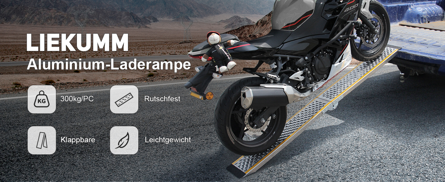 Рампа для підйому LIEKUMM, 180 см, 300 кг, алюміній, складна, протиковзка. Підходить для мотоцикла, ATV, велосипеда, авто.