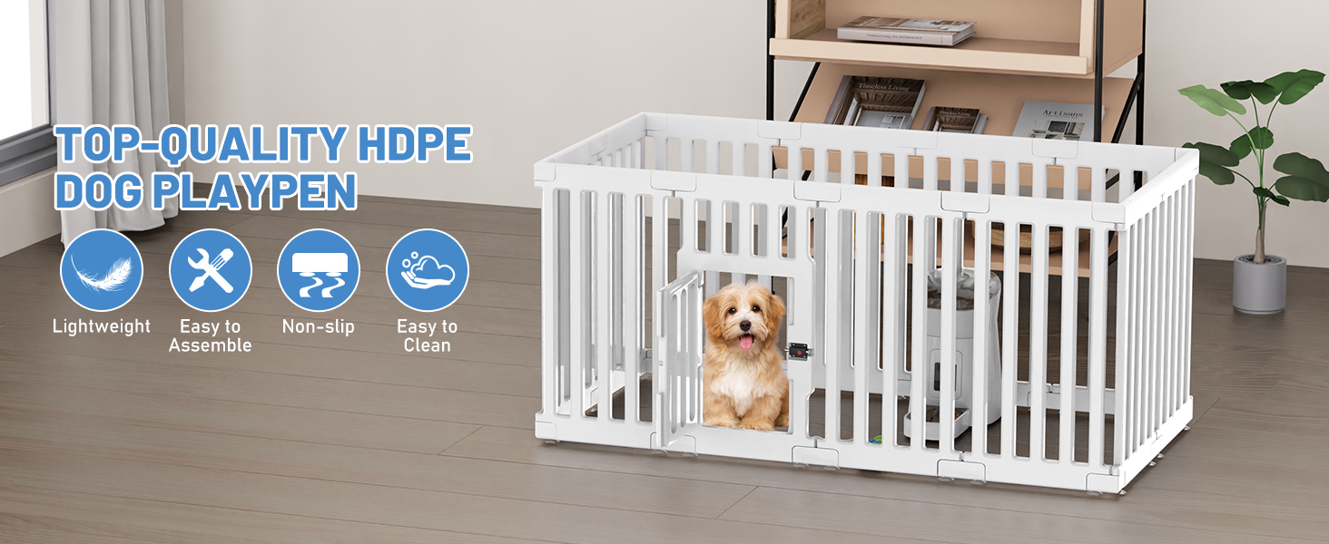 Клітка для цуценят FASRIOU Indoor 65 см, пластикове огородження для собак з антиковзкими присосками, вольєр для маленьких собак, 18 панелей (100 x 100 x 65 см), з роздільними секціями