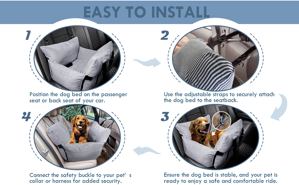 Автокрісло для собак - автокрісло-бустер для маленьких та середніх собак до 18 кг, з ременем безпеки та кишенями для зберігання, миється, антиковзаюча підставка (смугастий морський колір), 30x20.5 дюймів