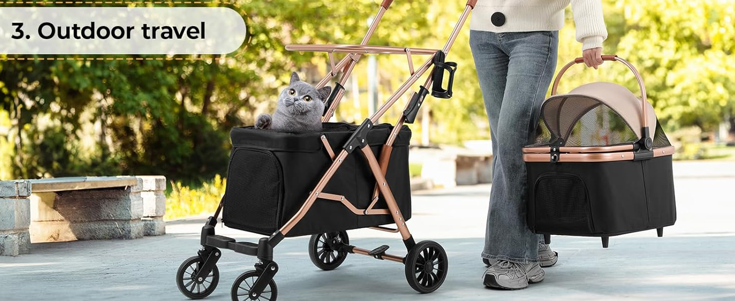 Візок для собак Mamizо 4 в 1, чорний, для 2 тварин до 15 кг, з переносною сумкою та колесами PU