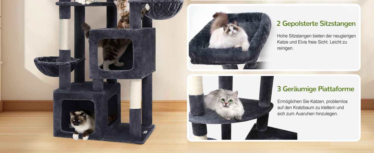 Драбина для котів Globlazer XXL (189 см) з великою печерею та платформами, 2 лежаками, 2 кошиками, стабільна конструкція, темно-сірий