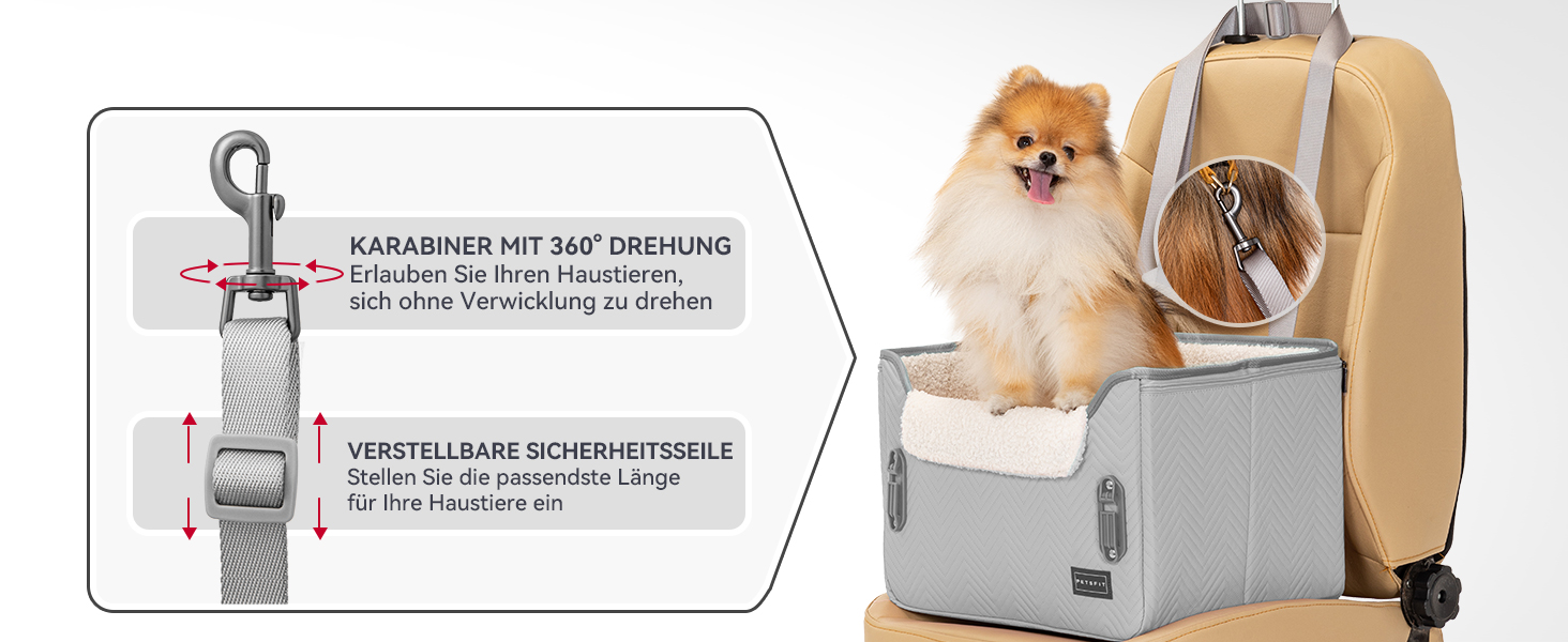 Автокрісло для собак Petsfit - стабільне та безпечне автокрісло для маленьких собак, з кріпленням для ременя безпеки, зручне ліжко-кошик з миючим плюшевим подушками, шкіряне сіре