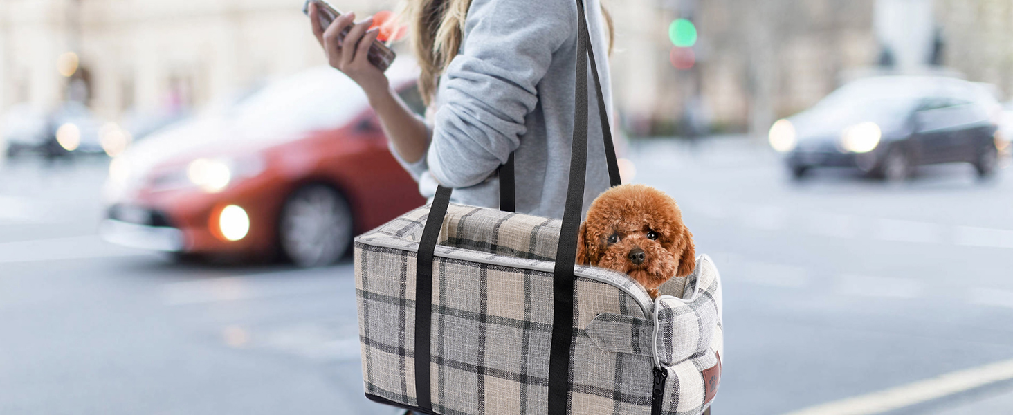 Автокрісло для собак та котів, середньої консолі, стабільне, з ременем, знімний, миючий, для собак та котів середніх порід до 6 кг (у клітинку)