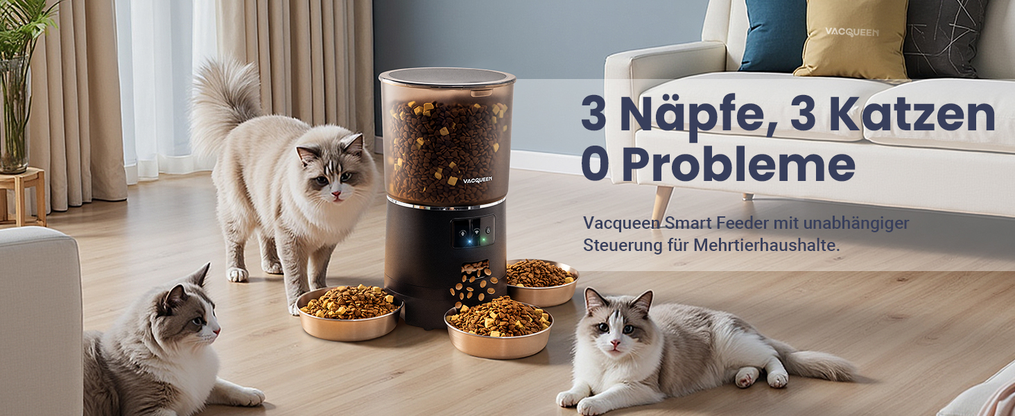 Автоматичний годівниця для котів з Wi-Fi та таймером, 6 л / 25 чашок, 3 миски, 3 пакети силікагелю, система проти застрягання, 2.4G Wi-Fi, запис голосу 10 секунд, чорний