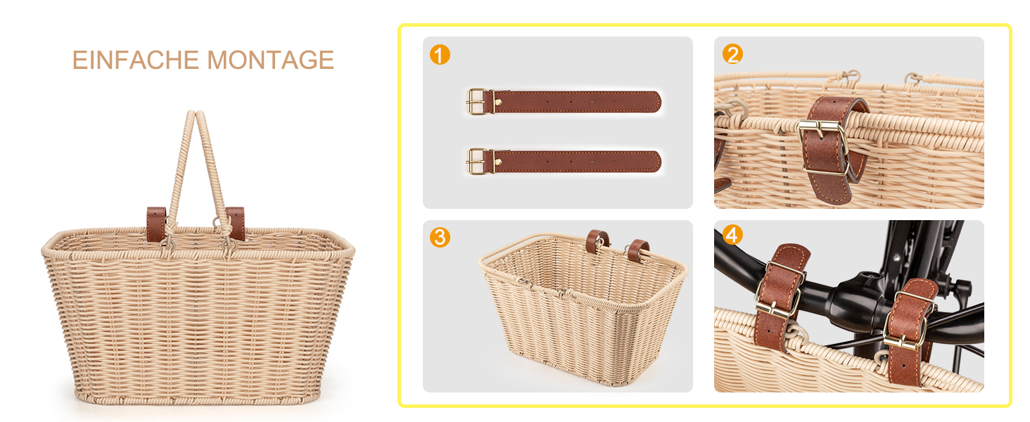 Фарбований велосипедний кошик CXWXC – міцний передній кошик з ручної плетіння з лози з регульованими ремінцями з веганської шкіри, бежевий
