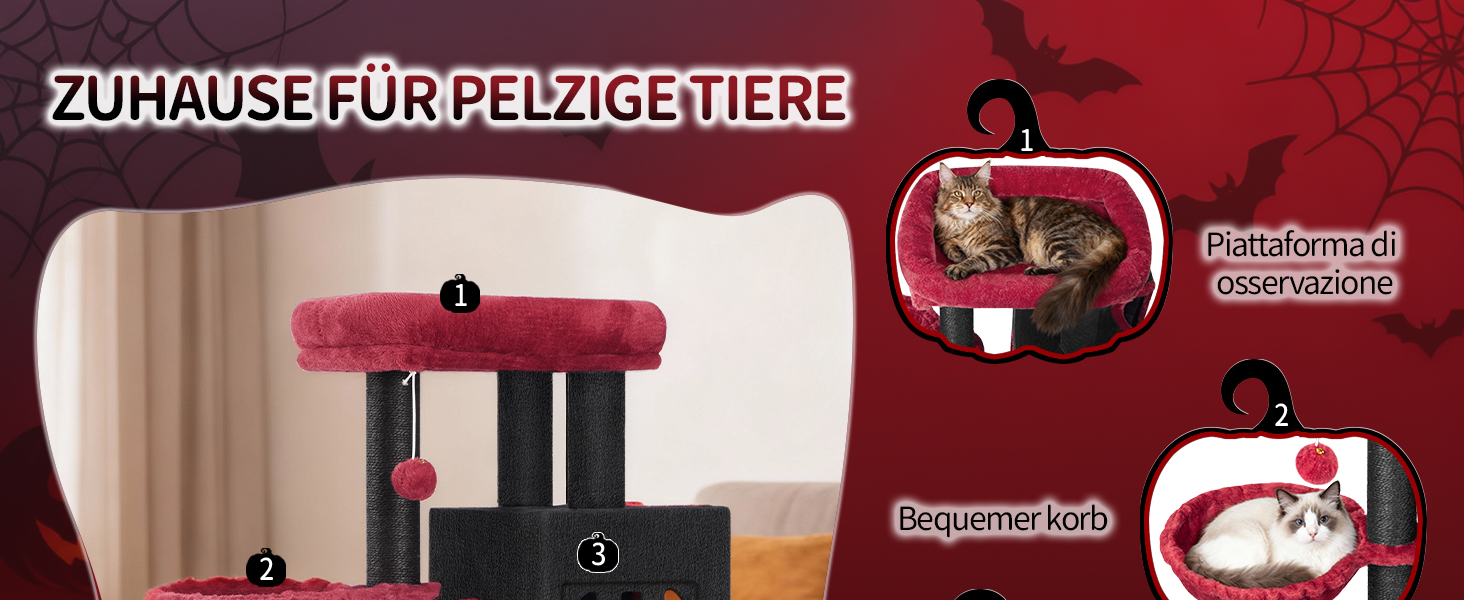 Дерево для кігтів Hzuaneri, 98 см, зі стійкою основою, з лежаком, будиночком для котів, сизалевими стовпчиками, кошиком та іграшками, меблі для котів, ігровий комплекс, MS07618LG (55 x 30 x 98 см, Чорний/Червоний)