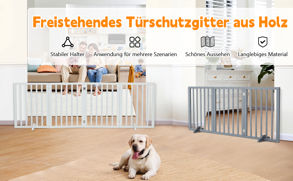 Захисне ґратка для собак Fellie, дерев'яне, без свердління, сірий, 4 панелі (183x60 см)