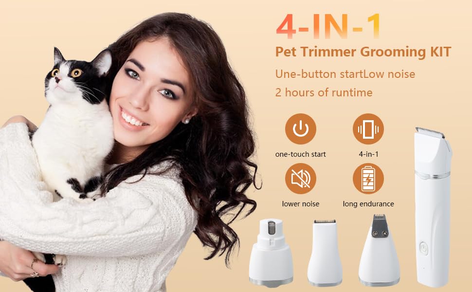 Набір для стрижки кігтів котів та собак Focenat 4 в 1: тихий триммер, електрична машинка для грумінгу тіла, очей та вух