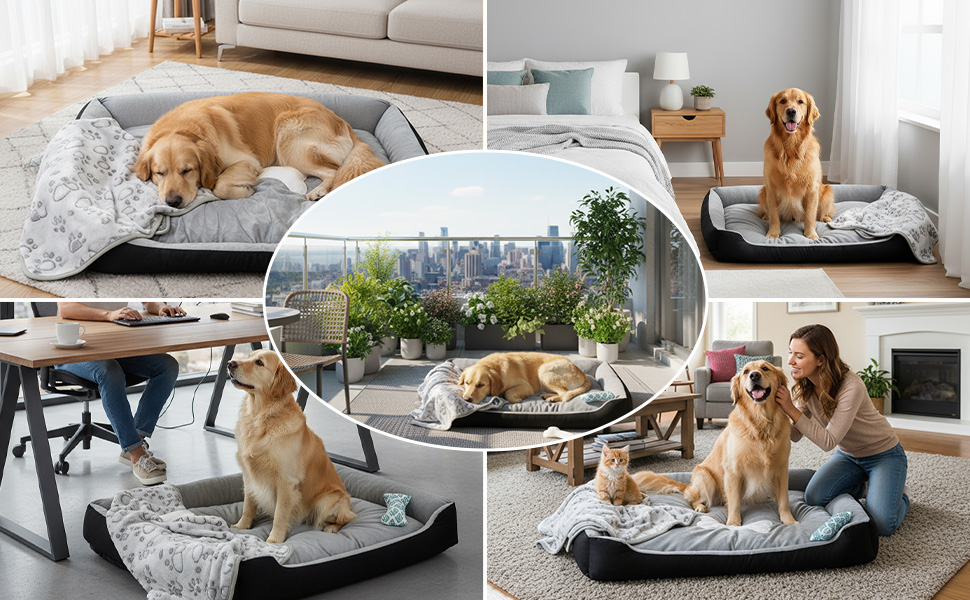 Ліжко для собак 90x70 см з подушкою у вигляді кістки та легкою ковдрою, м'яке диванчик для собак середніх порід з короткого хутра, миється, кошик для собак з неслизьким дном