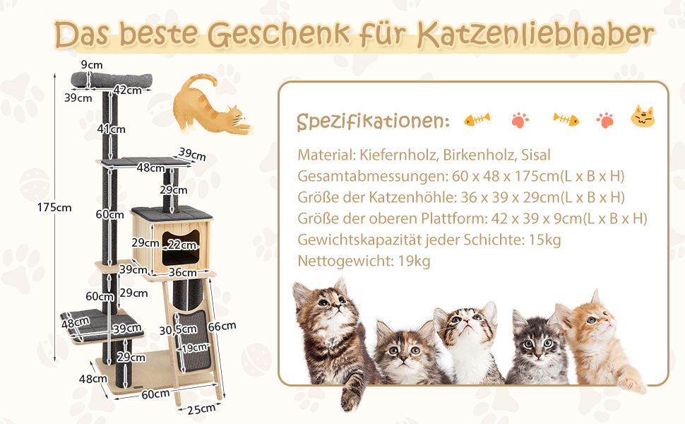 Дерев'яний котячий комплекс COSTWAY, 175 см, з будиночком, сизалевими стовпчиками, платформами та дряпалкою, 6-ярусний, сірий+бежевий