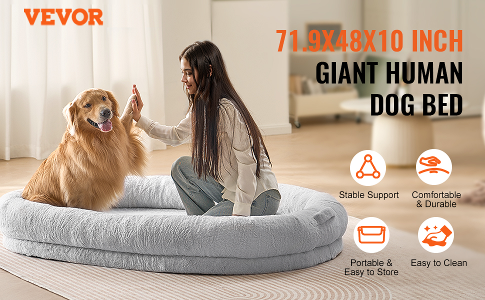 Ліжко для собак VEVOR, 1825 x 1220 x 254 мм, сіре, з ортопедичною піною та штучним хутром, для дорослих собак, з сумкою для зберігання