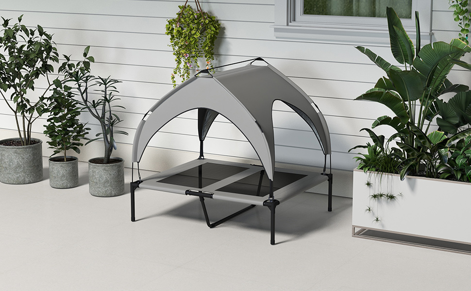 PawHut Підвищене собаче ліжко з балдахіном, Outdoor ліжко для собак з дахом, дихаюче, для маленьких та середніх собак, Оксфорд 76 x 61 x 69,5 см (91 x 76 x 89 см), світло-сірий