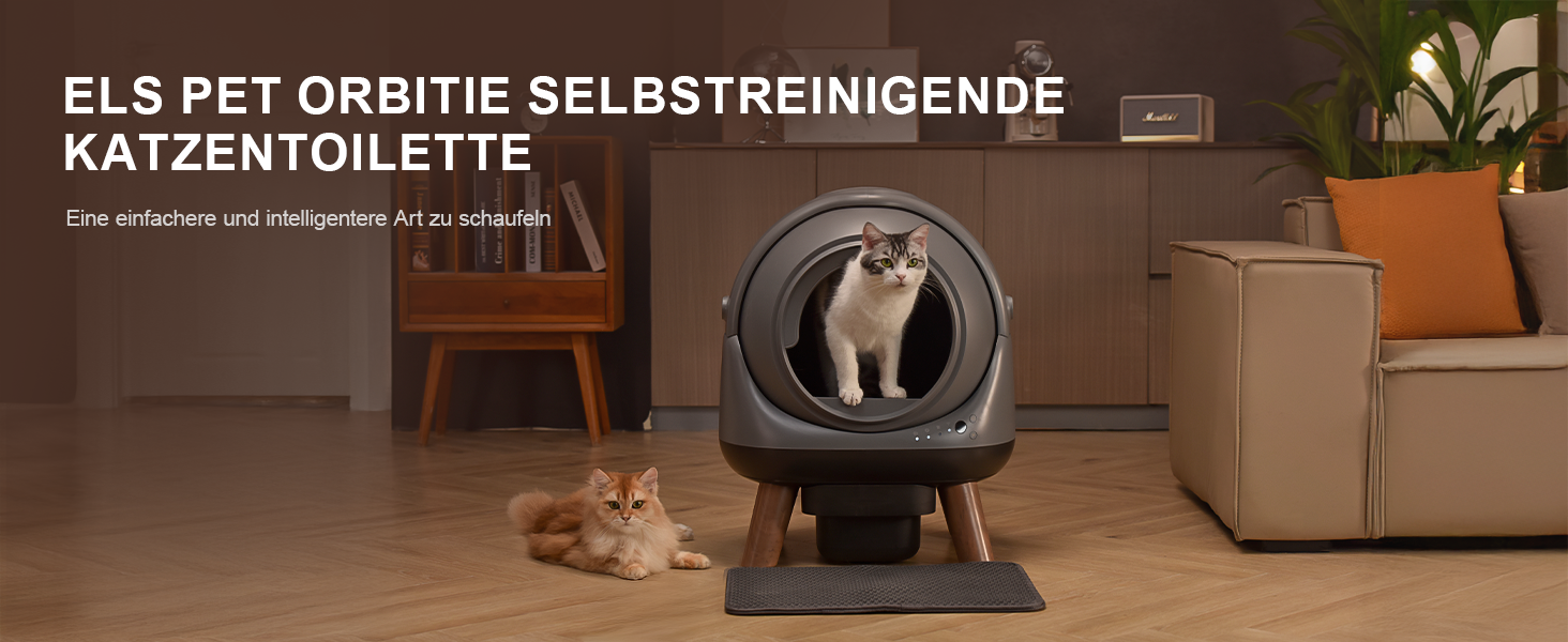 Автоматичний лоток для котів ELS PET з самоочищенням, захистом від розльоту, керуванням через додаток, без запаху, з килимком для котячого туалету та пакетами для сміття (чорний та сірий)