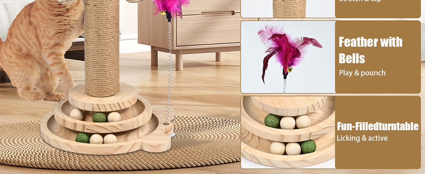 Іграшка для котів TSKDKIT: інтерактивний кігтеточки з кулями, пір'ям та м'ячами, 45 см, 2-ярусний обертовий столик, для маленьких/середніх котів