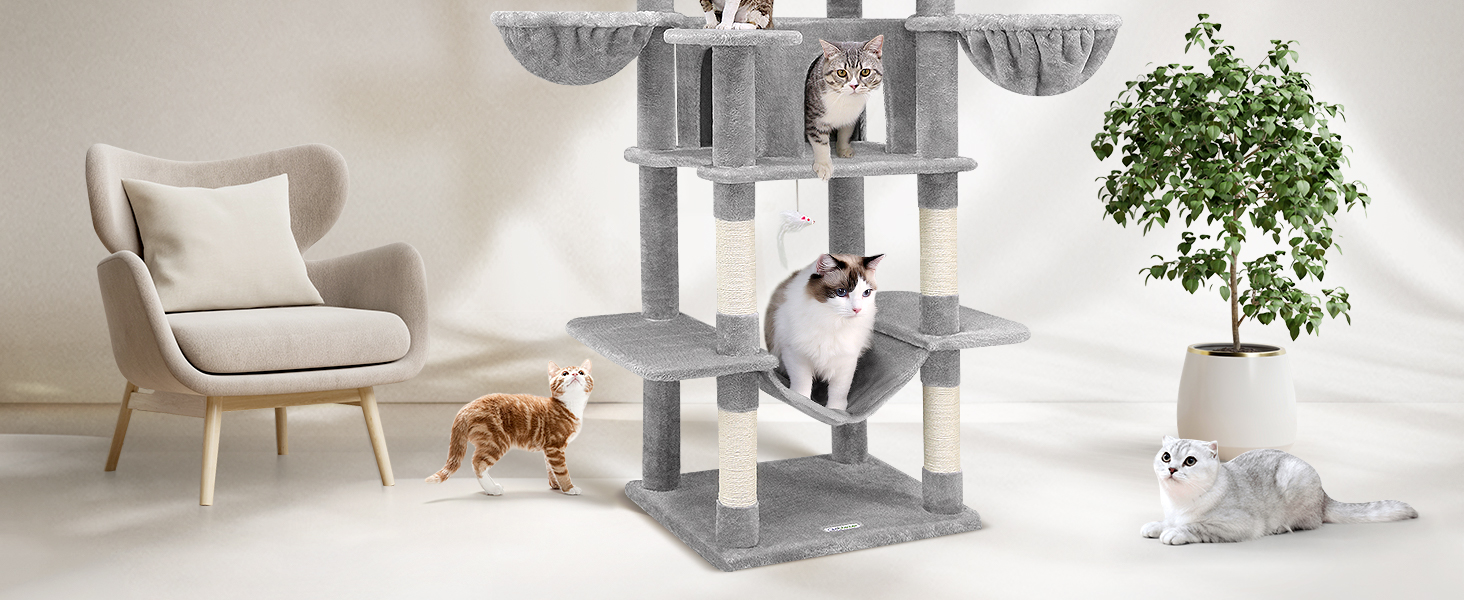 Кігтеточка Globlazer XXL 204 см: 3 стійкі сидіння, 2 будиночки, 2 корзини, гамак, для великих котів, сірий (F80)
