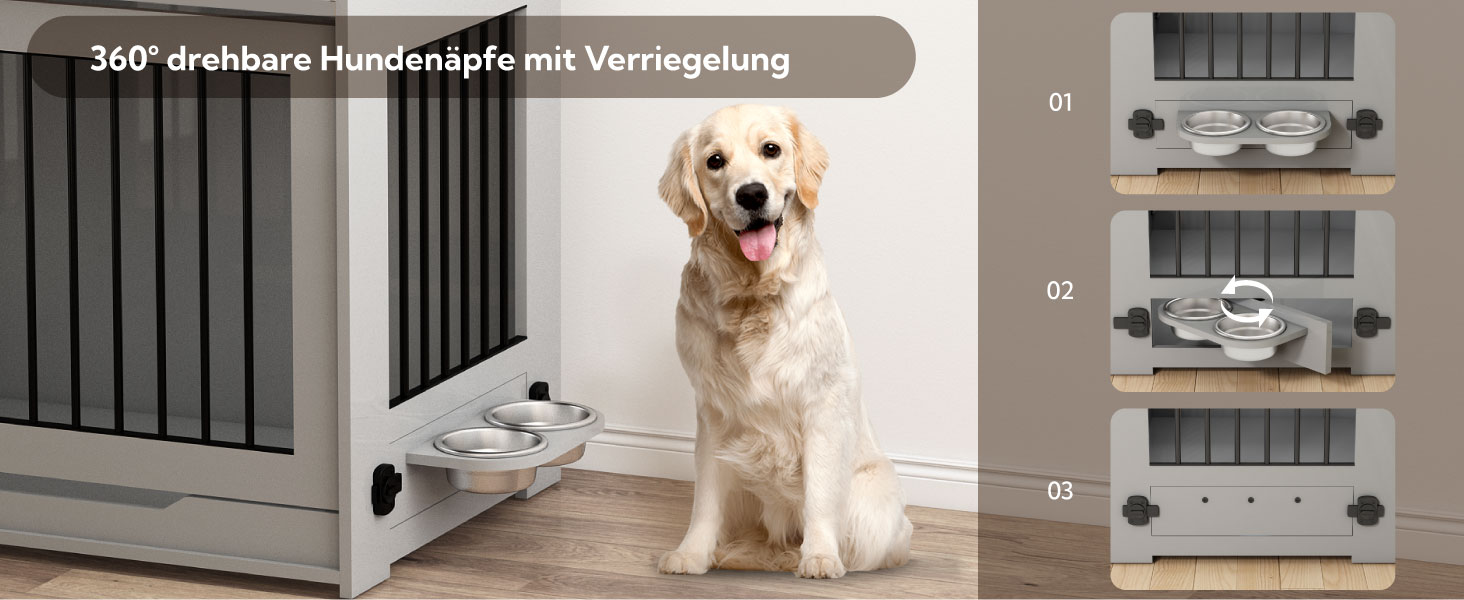 DAWNYIELD Клітка для собак, меблі, дерев'яна з відкидною дверцятами та шухлядою, стиль меблів, внутрішній вольєр для собак, стіл з поворотним миском на 360°, білий колір, біла розсувна дверцята (сіра розсувна дверцята)