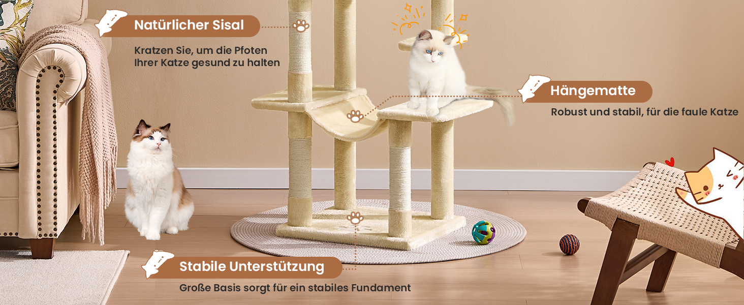 Кігтеточка для котів MSmask велика, багатоярусна, з гамаком та будиночками (150 см, бежева)