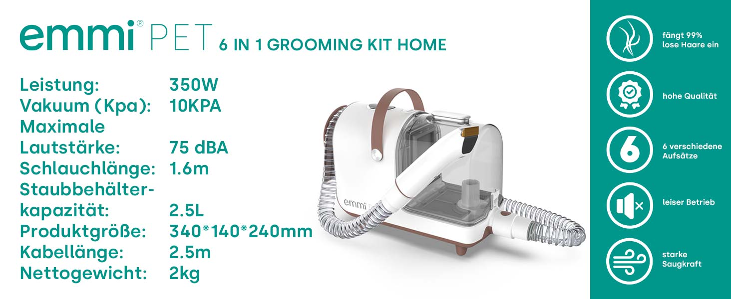 Набір для грумінгу Emmi-pet Grooming Kit Home – 6в1: машинка для стрижки собак, пилосос, тример, гребінець, 6 професійних насадок, 3 рівні всмоктування, догляд за собаками та котами, тихий мотор, контейнер 2.5л