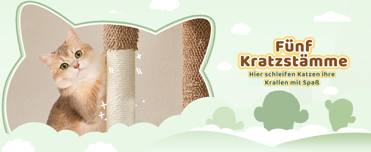 Дім-когтеточка для котів Yaheetech Kaktus: стабільна конструкція, оглядові платформи, печера, лежанка, сизаль, бежево-коричневий (коричнево-зелений, M)