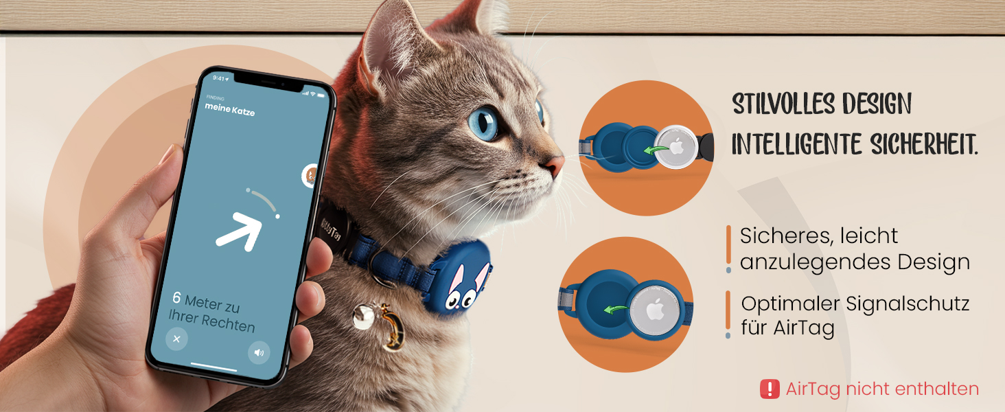 Нашийник для котів KittyTag з аксесуарами, сумісний з Apple Airtag, світловідбиваючий та світосвітний, GPS, захист від задушення, регульований (темно-синій)