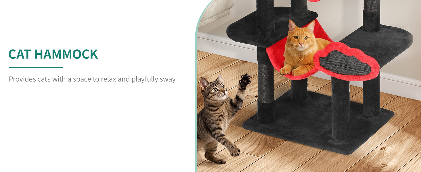Котячий комплекс YITAHOME XXL, 142 см, з 8 стовпчиків сизалю, 3 платформи, 2 печери, гамак, іграшки, чорно-червоний
