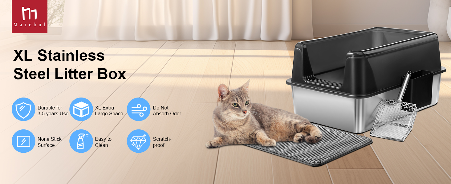 Торгова лоток для котів Marchul Katzentoilette XL з нержавіючої сталі, великий розмір, з кришкою, для великих котів, з антибактеріальним покриттям, з килимком та совком, не липкий
