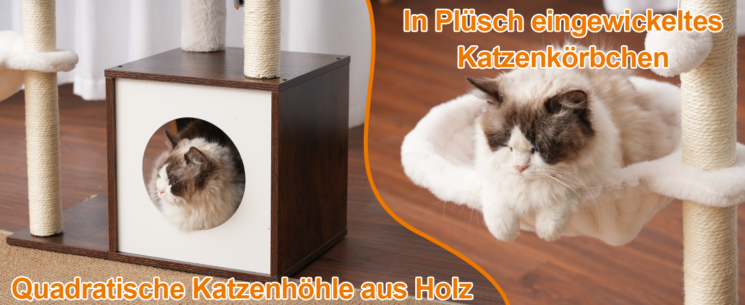 Дряпальня для котів Heybly з платформою 30x50 см, кігтеточкою з кошиком та 2-ма сизалевими стовпчиками, стабільна, для котів середніх та маленьких порід, колір: vintage brown (HCT007SSR)