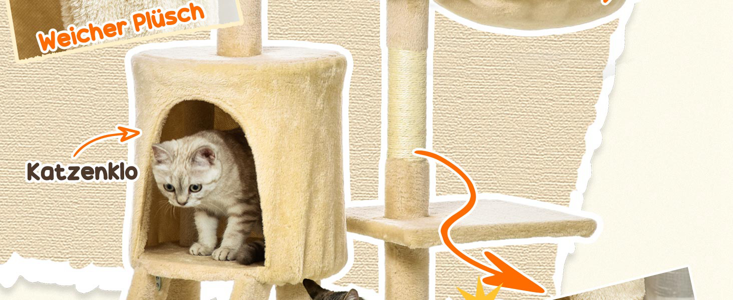 Кігтеточка PawHut для котів 134,2 см з будиночком, 2 іграшки, сизалова колона, велика платформа, сходи, багатоповерхова, для середніх котів, сірий+білий (бежевий+білий)