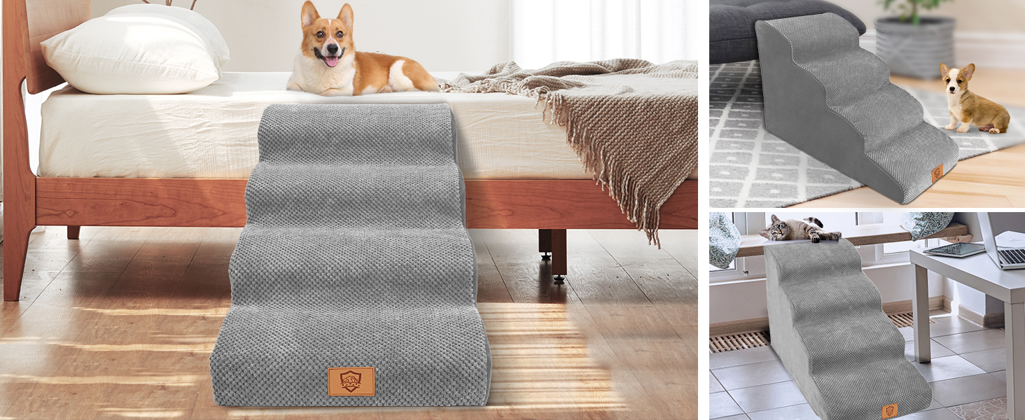 Сходинки для собак маленьких порід, 4 сходинки, знімний підйомник, неслизьке покриття, для ліжка та дивану, сірий колір