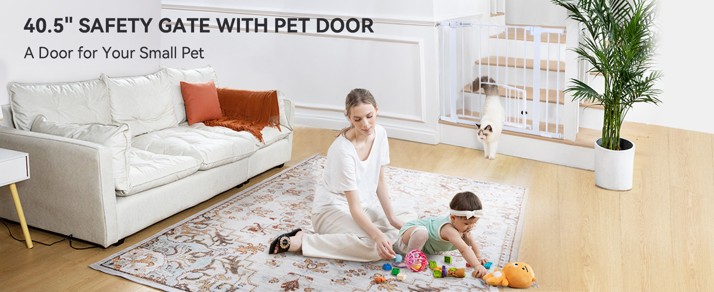 Захист для дверей COMOMY з дверцятами для котів, 75-103 см. Захист для собак та котів без свердління, автоматичне закриття, розширюваний, білий