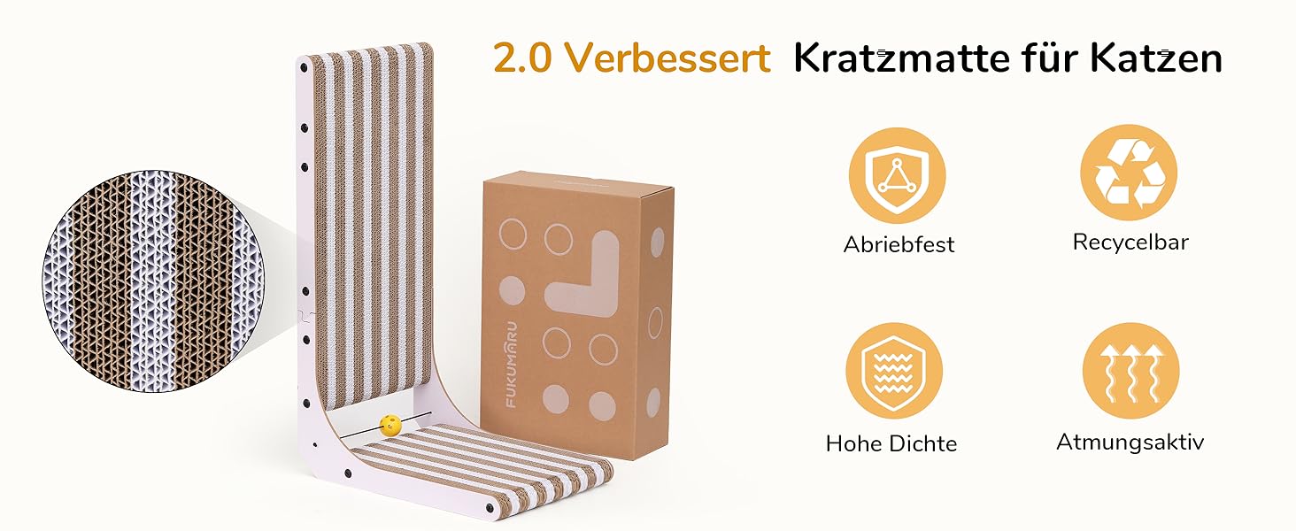 Котячий когтеточка FUKUMARU L-подібної форми, 68 см, з візерунком смуг, з іграшкою, для стіни та кута, з міцного картону