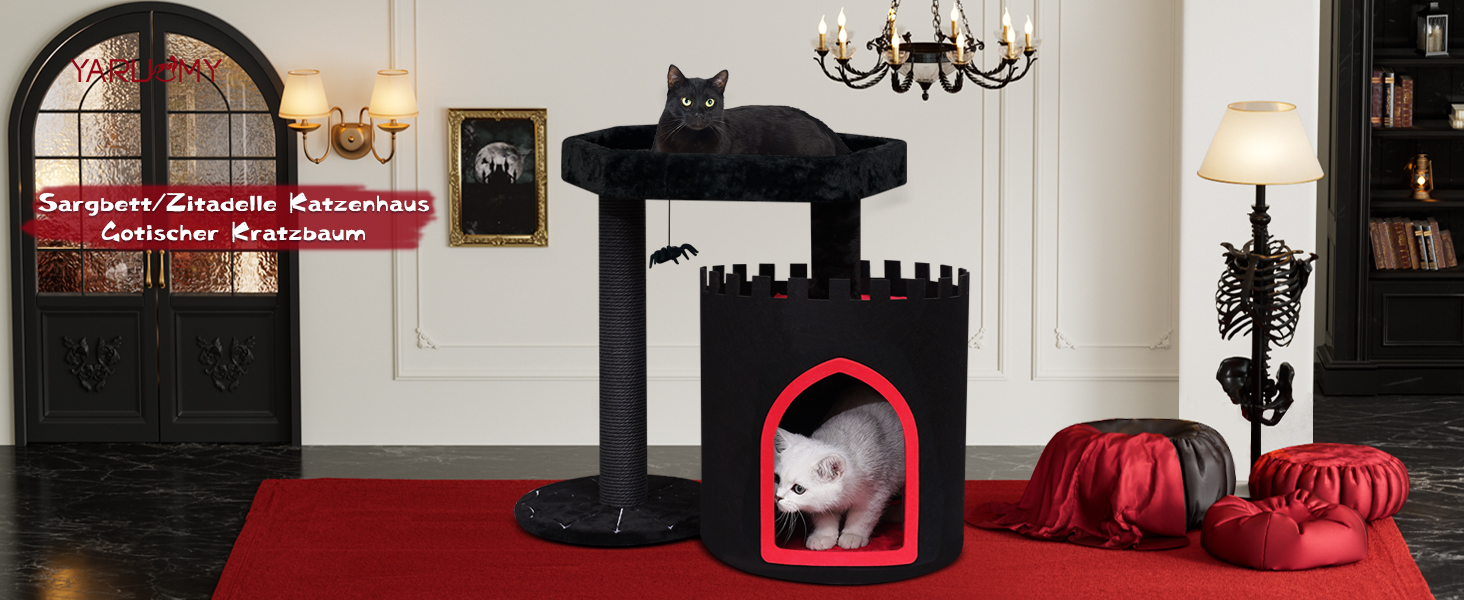 Готичний котячий комплекс з ліжком-саркофагом, чорний котячий оазис для Хелловіну, готичні меблі для котів (компактний)