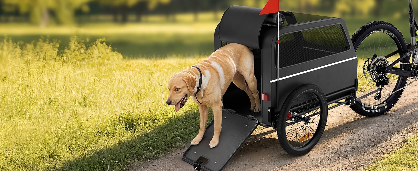Фаркоп для велосипеда з переноскою для собак XL, чорний – з пандусом, амортизацією та з'єднувачем. Підходить для собак до 45 кг, водонепроникний, сумісний з електровелосипедами