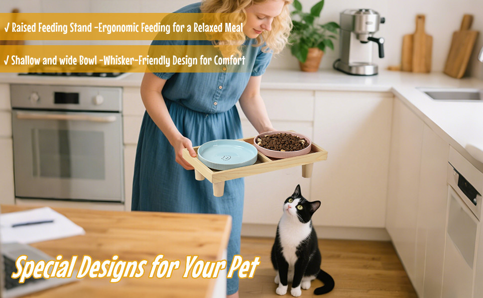 Миска для котів плоска керамічна з дерев'яною підставкою, піднята станція для годування з 2 керамічними мисками, миска для котів, діаметр миски 16 см для їжі та води, рожева & блакитна, блакитно-рожева