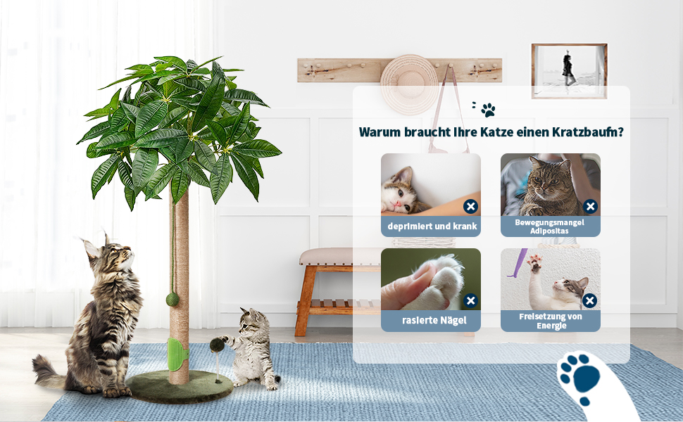 Котяча кігтеточка Meowoou з м'ячиком та стовпчиком 89 см з сизалевого мотузка, кігтешкребок для котів будь-якого віку (Fortune Tree)