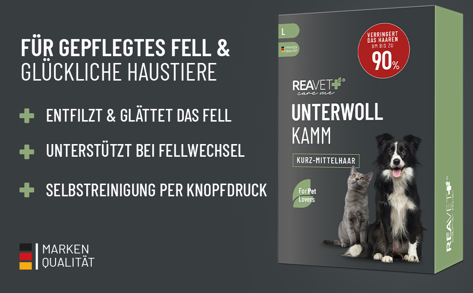 Гребінець для вичісування підшерстя ReaVET для собак та котів з короткою шерстю, середніх порід. Видаляє підшерстя, доглядає за верхнім шаром шерсті, з кнопкою самоочищення. Ідеально для сезонного линяння. (Великий, L)