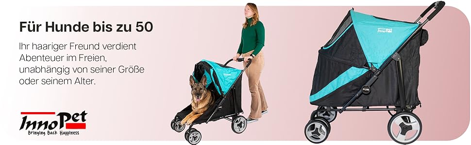 Візок для собак Innopet Mamut блакитно-чорний – до 50 кг, з дощовим захистом, складається одним рухом – поворотні колеса, візок для великих та середніх собак