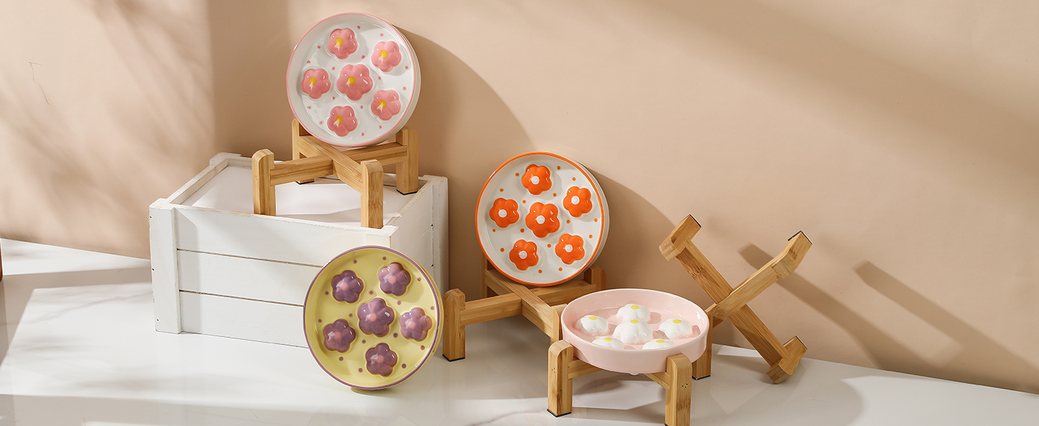 Підвищена годівниця для котів Anti Schling Napf - керамічна годівниця з антиковзним основанням, інтерактивна, для повільного годування, рожеві квіти