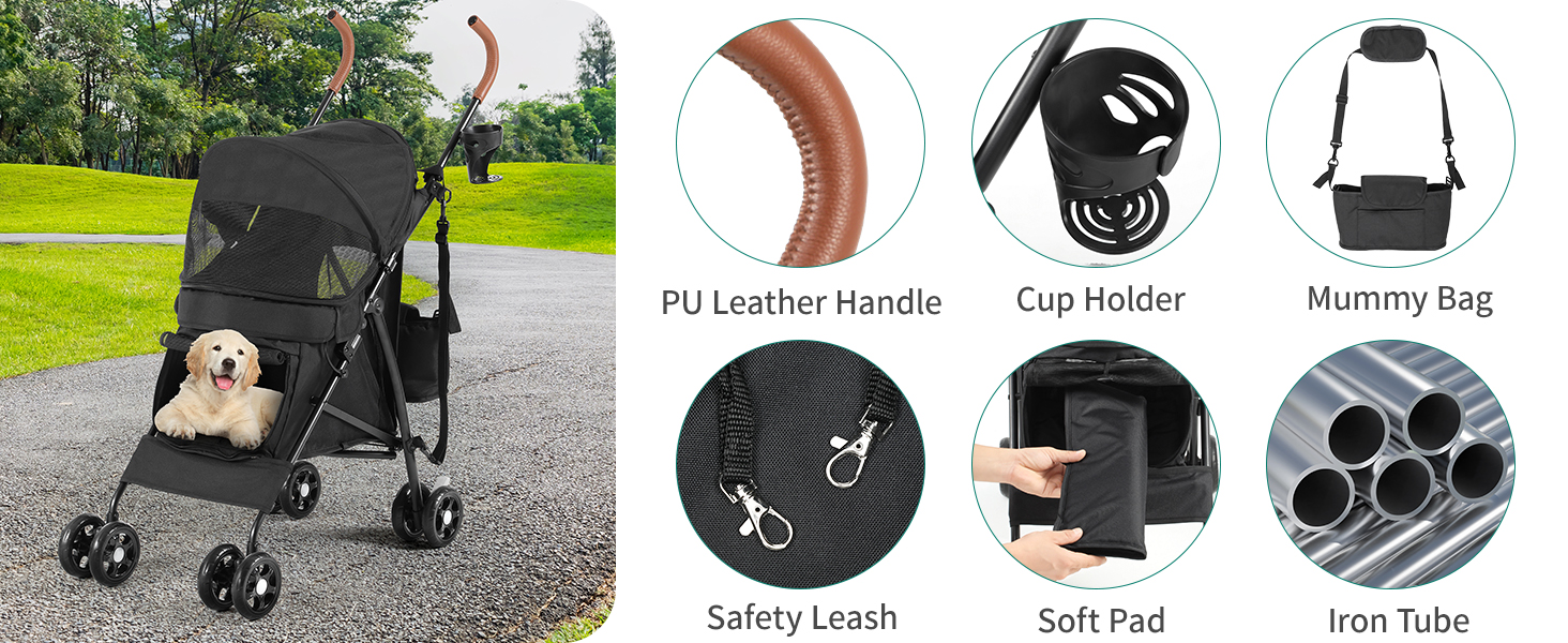 Візок для собак та котів YITAHOME Bis 11,3kg, чорний: складаний, з EVA-колесами, кошиком, сіткою, тримачем для напоїв