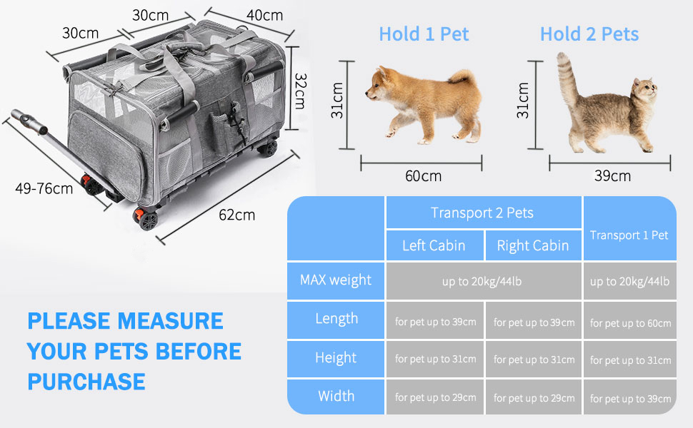 Транспортна переноска для котів та собак на 20 кг з 2 відділеннями, колесами та телескопічним ручками (сіра)