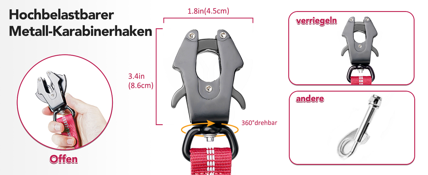 Тактична повідок для собак Joytale, еластична (bungee) повідок з 2 м'якими ручками, кріплення для автомобіля, повідок без ривка для середніх, великих та дуже великих собак (1.2м-1.8м, світорожевий)