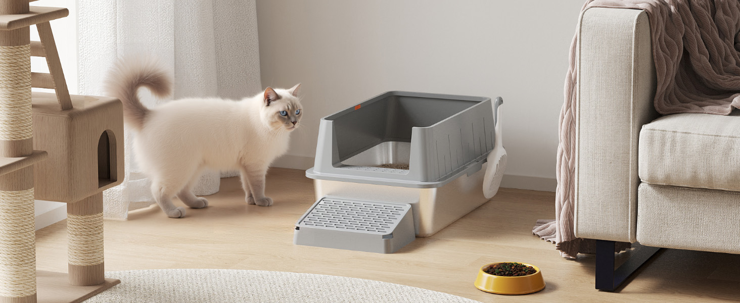 Лоток для котів Lifewit 28L з нержавіючої сталі, відкритий, 60x40x30 см, з лопаткою та педалем, сірий. Лоток для котів XXL, великий, без кришки, для великих котів, для вітальні, спальні