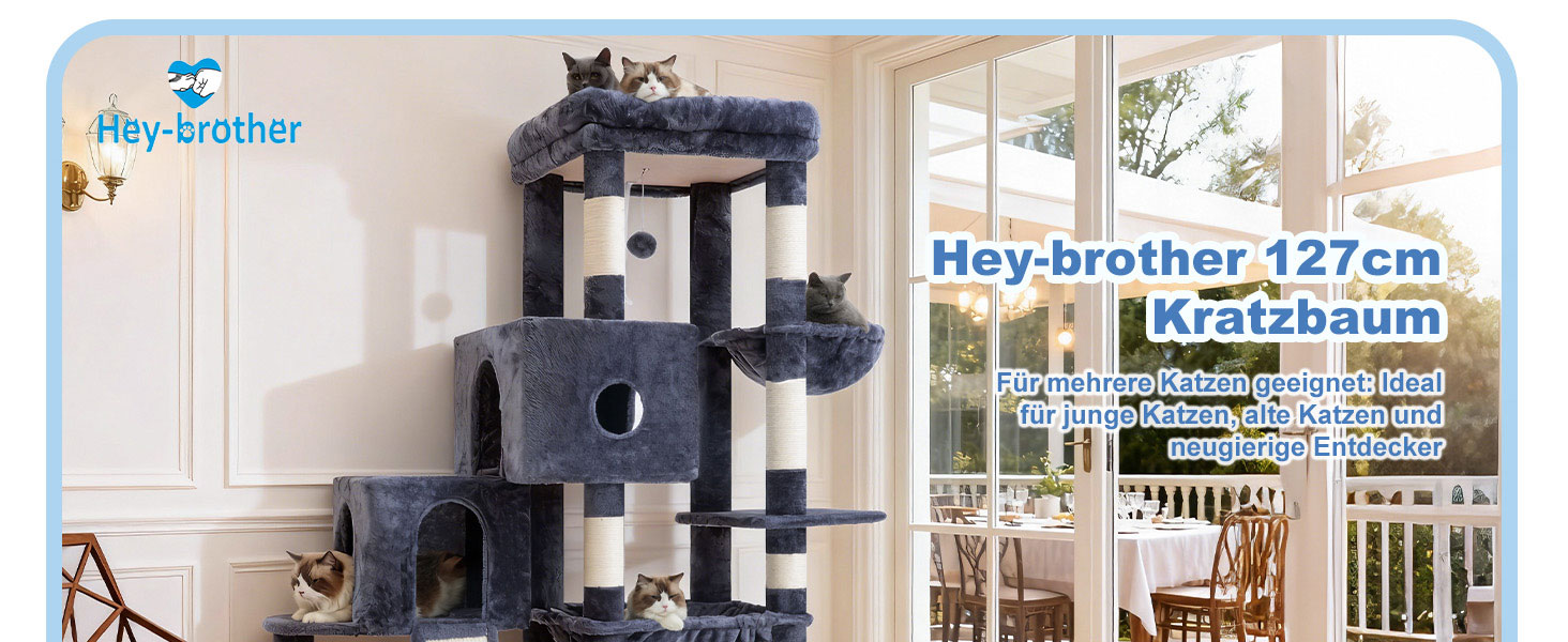 Котячий будиночок Hey-brother Kratzbaum: велика платформа, 2 печери, гамак, сизаль, кошик, 127 см, MPJ071W (димно-сірий)