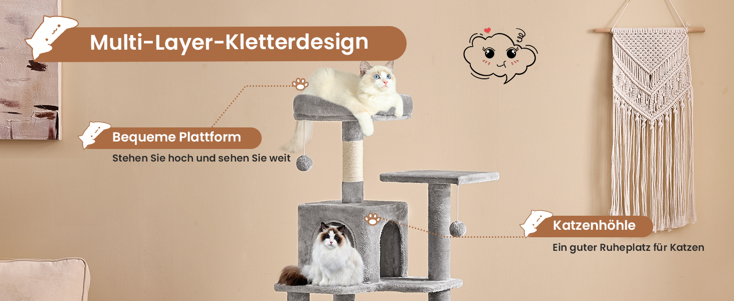 Кігтеточка для котів MSmask велика, багатоярусна з платформами, гамаком та сизалевими стовпчиками (сірий)