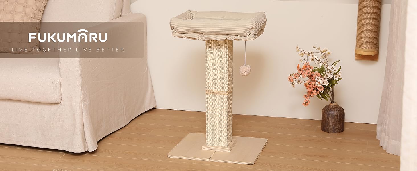 Котячий будиночок FUKUMARU з подряпуванням, 73 см, бежевий. Високий кігтетопор з платформою 46x36 см, з місцем для відпочинку, з натурального сизалю та масивного дерева.