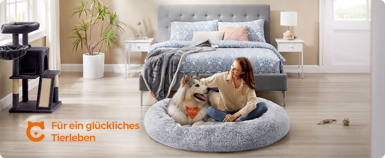 Кругле ліжко для собак та котів Feandrea з м'яким плюшем, діаметр 140 см, Ombré-Сірий колір, знімний наповнювач