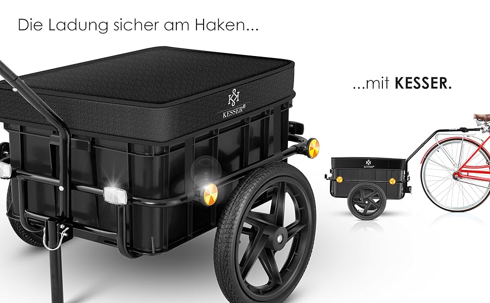 Причіп для велосипеда KESSER®: вантажний, ручний, з кутом висоти, об'єм 70 літрів (2 ящики для пива), чорний