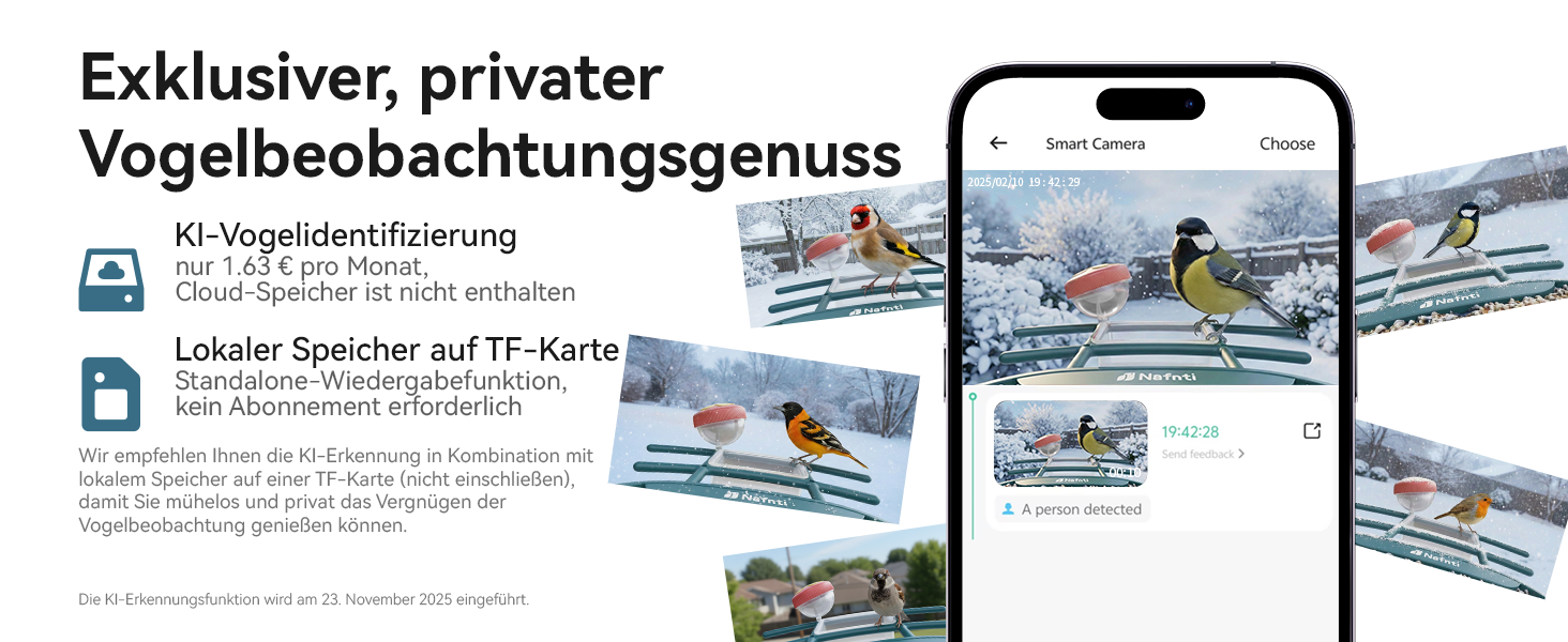 Сонячна годівниця для птахів з камерою 2K, з AI розпізнаванням понад 10 000 видів, об'єм 1.8L, IP65 водонепроникна, Wi-Fi 2.4 GHz/5 GHz, нічне бачення, подарунок для любителів птахів